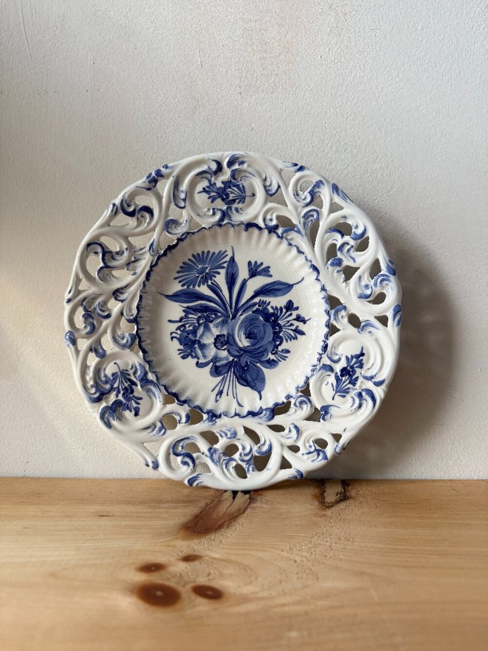 Vintage Italian Blue White Reticulated Plate | 8.5" Hand Painted Floral Decor